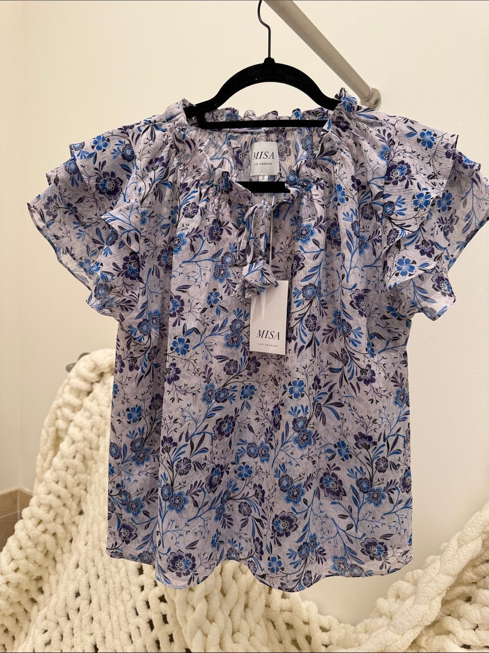 Misa Los Angeles Blue Floral Ruffle Sleeve Blouse